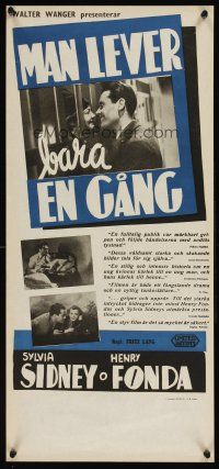 1h065 YOU ONLY LIVE ONCE Swedish stolpe '37 Fritz Lang film noir, Henry Fonda, Sylvia Sidney
