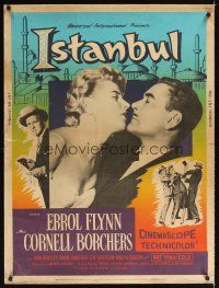 1j252 ISTANBUL style Y 30x40 '57 close-up romantic of Errol Flynn & Cornell Borchers!