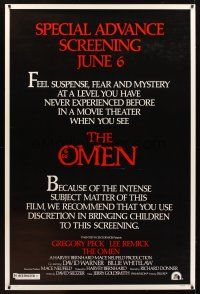 1j176 OMEN style A advance screening style 40x60 '76 Gregory Peck, Lee Remick, Satanic horror!