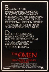 1j178 OMEN style C pre-screening advance 40x60 '76 Gregory Peck, Lee Remick, horror!