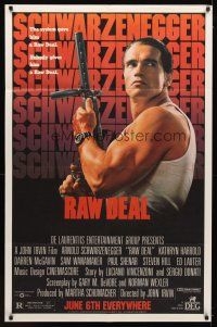 1j307 RAW DEAL half subway '86 great close up of tough guy Arnold Schwarzenegger w/gun!