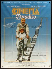1k574 CINEMA PARADISO French 1p '89 great image of Philippe Noiret & Salvatore Cascio on bike!