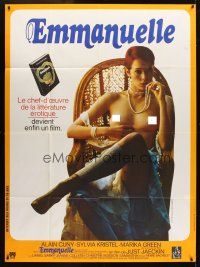1k614 EMMANUELLE French 1p '75 c/u of sexy Sylvia Kristel sitting half-naked in chair!