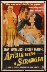 1r027 AFFAIR WITH A STRANGER style A 1sh '53 art of Jean Simmons, Victor Mature & sexy bad girl!