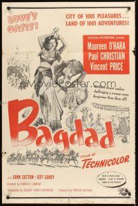 1r080 BAGDAD military 1sh '50 art of Maureen O'Hara in sexiest harem outfit, Vincent Price!