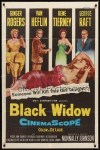 1r124 BLACK WIDOW 1sh '54 Ginger Rogers, Gene Tierney, Van Heflin, George Raft, sexy art!