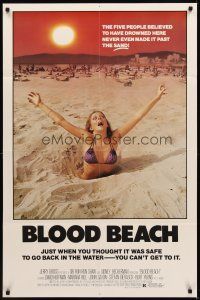 1r129 BLOOD BEACH 1sh '81 classic Jaws parody image of sexy girl in bikini sinking in quicksand!