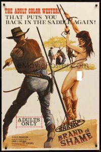 1r147 BRAND OF SHAME 1sh '68 western sexploitation, art of bound woman being whipped by cowboy!