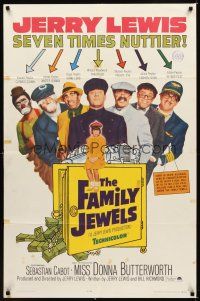 1r326 FAMILY JEWELS 1sh '65 Jerry Lewis is seven times nuttier in seven roles, wacky art!