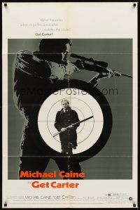 1r384 GET CARTER 1sh '71 great image of Michael Caine holding shotgun in assassin's scope!
