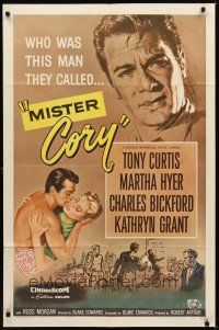 1r609 MISTER CORY 1sh '57 art of professional poker player Tony Curtis & kissing sexy Martha Hyer!