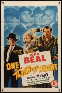 1r672 ONE THRILLING NIGHT 1sh '42 wacky image of John Beal, Wanda McKay with bottle!