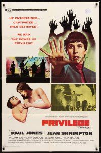 1r721 PRIVILEGE int'l 1sh '67 Jean Shrimpton, a shocking movie of a pop singer who makes it big!