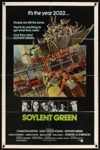 1r832 SOYLENT GREEN 1sh '73 art of Charlton Heston trying to escape riot control by John Solie!