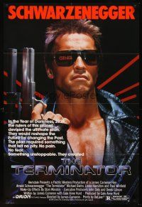 1r884 TERMINATOR 1sh '84 super close up of most classic cyborg Arnold Schwarzenegger with gun!