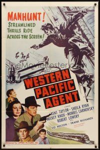 1r954 WESTERN PACIFIC AGENT 1sh '50 Kent Taylor on a manhunt for shooter on top of bridge!