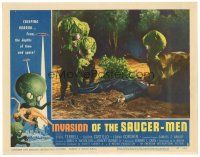 1s564 INVASION OF THE SAUCER MEN LC #3 '57 cabbage head aliens surround unconscious man on ground!