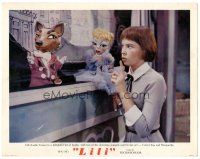 1s606 LILI photolobby '52 c/u of young Leslie Caron talking puppets Carrot-Top and Marguerite!