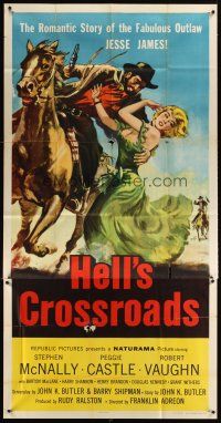 1t646 HELL'S CROSSROADS 3sh '57 Stephen McNally as Jesse James on horse & sexy Peggy Castle!