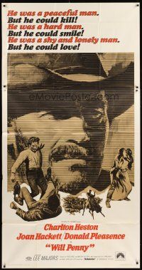 1t859 WILL PENNY 3sh '68 close up of cowboy Charlton Heston, Joan Hackett, Donald Pleasance