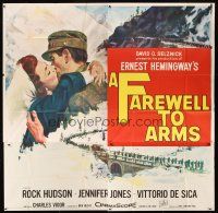 1t470 FAREWELL TO ARMS 6sh '58 art of Rock Hudson kissing Jennifer Jones, Ernest Hemingway