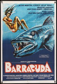 1t306 BARRACUDA Argentinean '78 great artwork of huge killer fish attacking sexy diver in bikini!