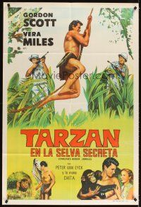 1t427 TARZAN'S HIDDEN JUNGLE Argentinean '55 artwork of Gordon Scott as Tarzan swinging on vine!