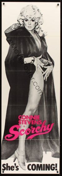1t040 SCORCHY door panel '76 full-length art of sexy barely-dressed Connie Stevens in black cape!