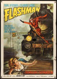 1t152 FLASHMAN Italian 1p '67 art of wacky Italian superhero saving sexy girl on train tracks!