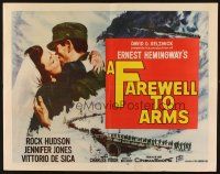 1y156 FAREWELL TO ARMS 1/2sh '58 art of Rock Hudson kissing Jennifer Jones, Ernest Hemingway