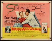 1y209 HAPPY ANNIVERSARY style A 1/2sh '59 great romantic art of David Niven & Mitzi Gaynor in bed!