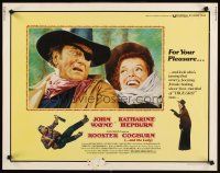 1y398 ROOSTER COGBURN 1/2sh '75 great art of John Wayne with eye patch & Katharine Hepburn!