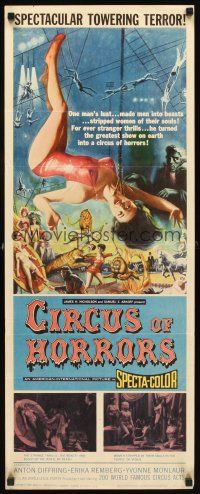 1z227 CIRCUS OF HORRORS insert '60 outrageous horror art of super sexy trapeze girl hanging by neck!