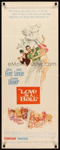 1z473 LOVE IS A BALL insert '63 art of Glenn Ford, sexy Hope Lange & Charles Boyer!