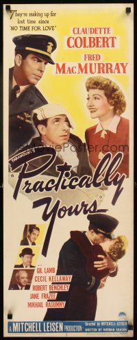 1z579 PRACTICALLY YOURS insert '44 Claudette Colbert hugging Air Force pilot Fred MacMurray!
