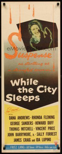 1z757 WHILE THE CITY SLEEPS insert '56 great image of Lipstick Killer's victim, Fritz Lang noir!