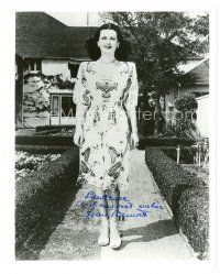 2a820 JOAN BENNETT signed 8x10 REPRO still '80s full-length portrait standing in front of her home!