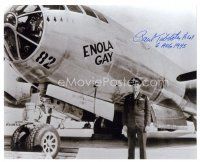 2a927 PAUL TIBBETS signed 8x10 REPRO still '90s WWII pilot of the Enola Gay standing by his plane!