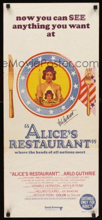 2a027 ALICE'S RESTAURANT signed Aust daybill '69 by Arlo Guthrie, musical directed by Arthur Penn!