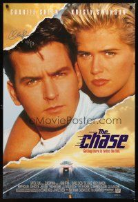 2a054 CHASE signed DS 1sh '94 by Charlie Sheen, super close up with sexy Kristy Swanson!