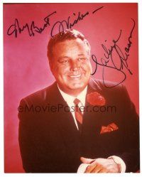 2a796 JACKIE GLEASON signed color 8x10 REPRO still '80s head & shoulders smiling portrait in suit!