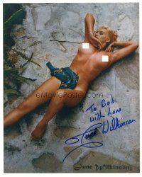 2a849 JUNE WILKINSON signed color 8x10 REPRO still '90s full-length sexy c/u sunbathing naked!