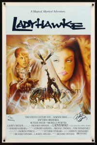 2a076 LADYHAWKE signed int'l 1sh '85 by BOTH Richard Donner AND Tom Mankiewicz, cool Formosa art!