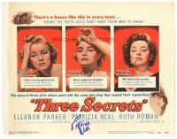 2a109 THREE SECRETS signed TC '50 by Patricia Neal, who's pictured w/ Eleanor Parker & Ruth Roman!