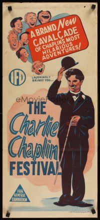 2b412 CHARLIE CHAPLIN FESTIVAL Aust daybill '57 stone litho art of Chaplin in hat w/ cane!