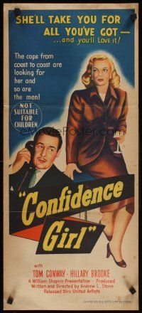 2b424 CONFIDENCE GIRL Aust daybill '52 Hillary Brooke wants to take Tom Conway for all he's got!