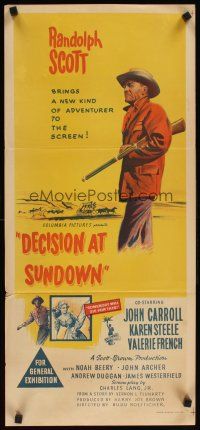 2b445 DECISION AT SUNDOWN Aust daybill'57 full-length Randolph Scott w/rifle,directed by Boetticher!