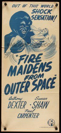2b492 FIRE MAIDENS OF OUTER SPACE Aust daybill '56 great art of monster holding sexy babe!