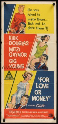 2b502 FOR LOVE OR MONEY Aust daybill '63 Kirk Douglas, sexy Mitzi Gaynor, Thelma Ritter!