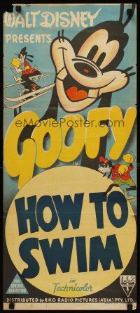 2b566 HOW TO SWIM stock Aust daybill '42 Disney, great images of Goofy skiing & boxing too!